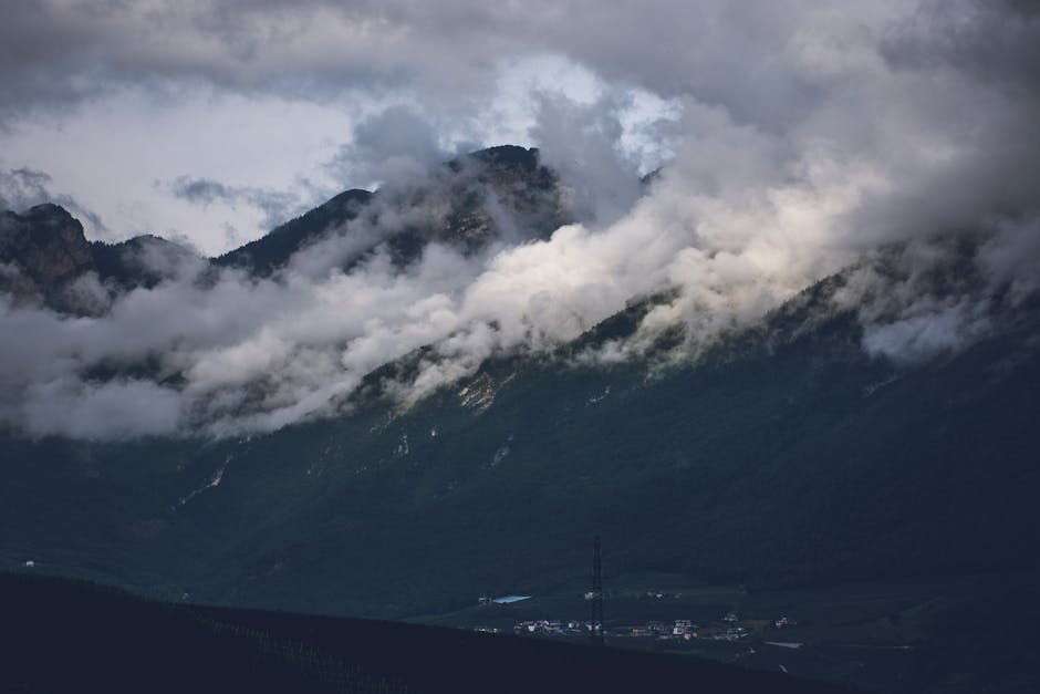 Spiritual meditation image: foggy mountains mist dark atmospheric